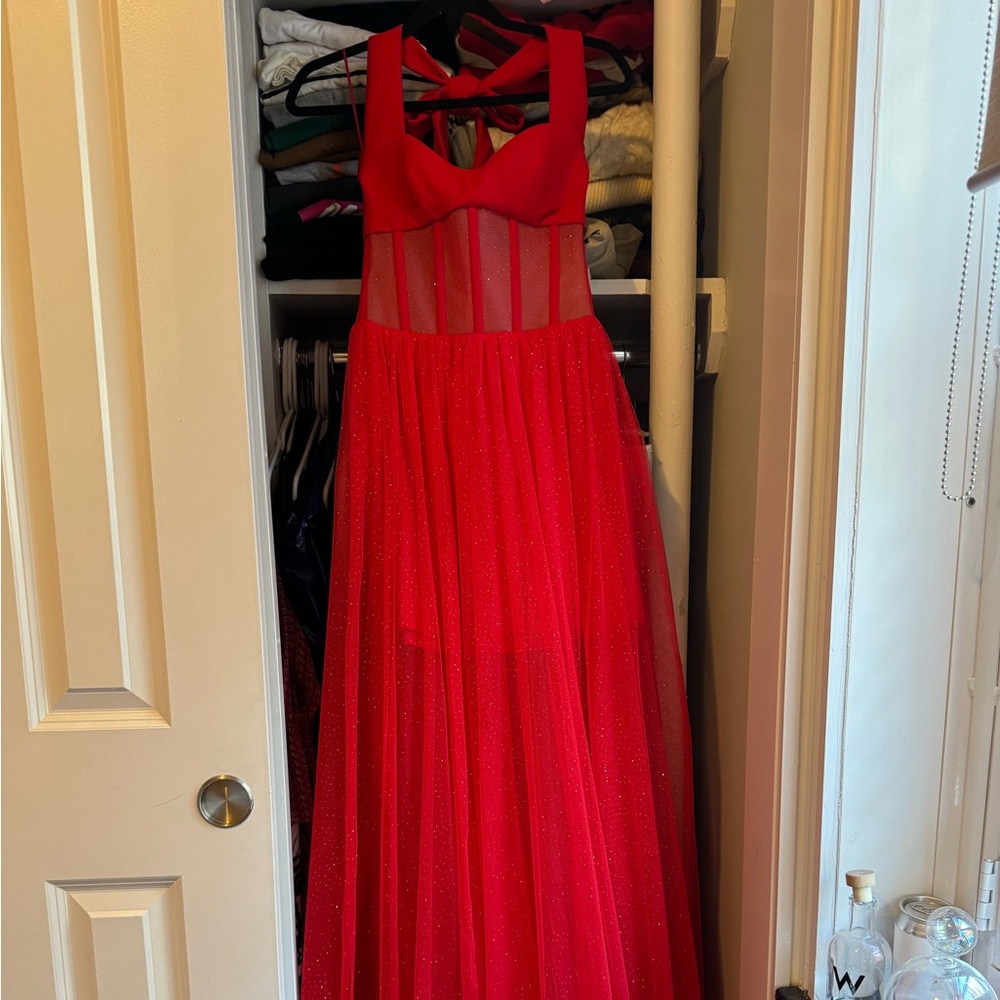 NWT Rasario red Crepe and Tulle gown